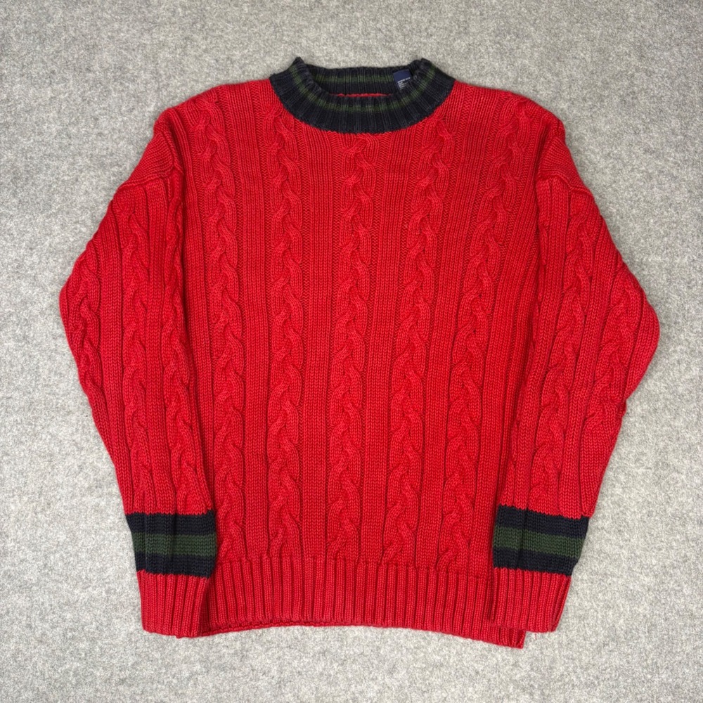 Vintage Gap Cable Knit Sweater Mens Large Red Navy Green Striped Crew Neck Ramie